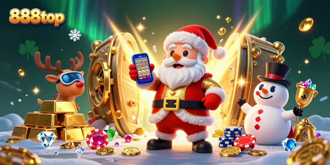 Experience the excitement of 888top, featuring a fun scene of Santa and friends celebrating casino wins.