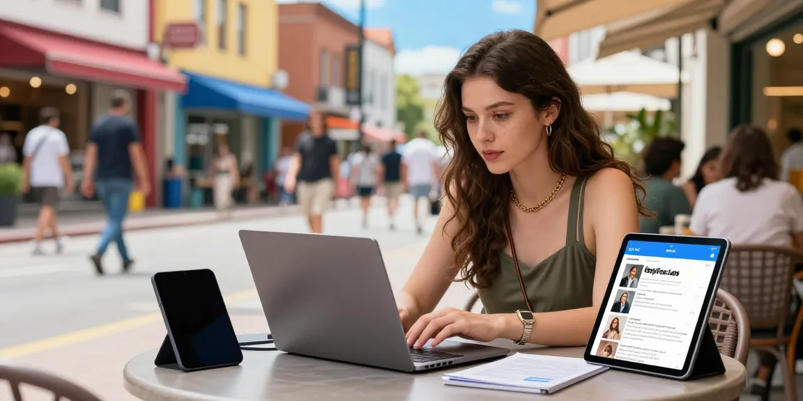 Young woman researching onlyfans leaks on a laptop in a vibrant urban café.