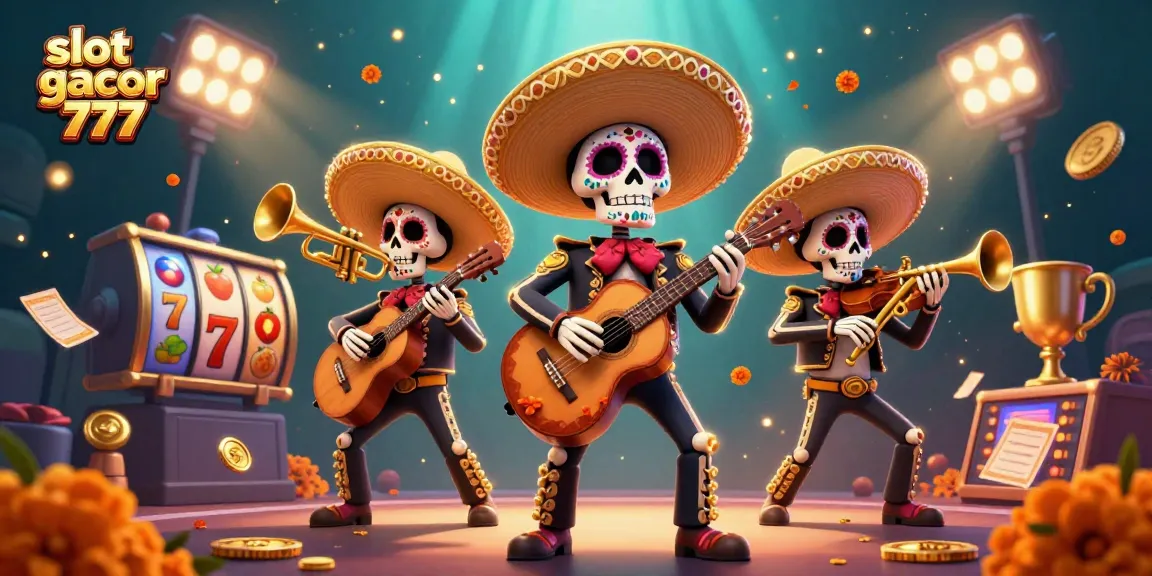 Menangkan slot gacor 777 dengan ilustrasi 3D kartun meriah dari band mariachi tengkorak.