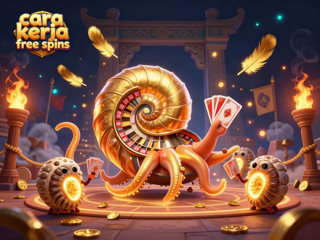 Menjelajahi cara kerja free spins di kasino online dengan ilustrasi 3D menawan.