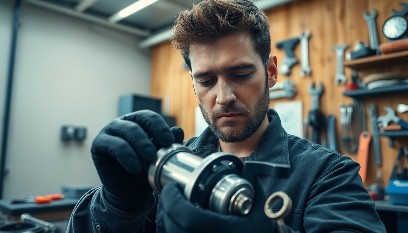 Mechanic performing hydraulic cylinder repair with specialized tools in a bright workshop.