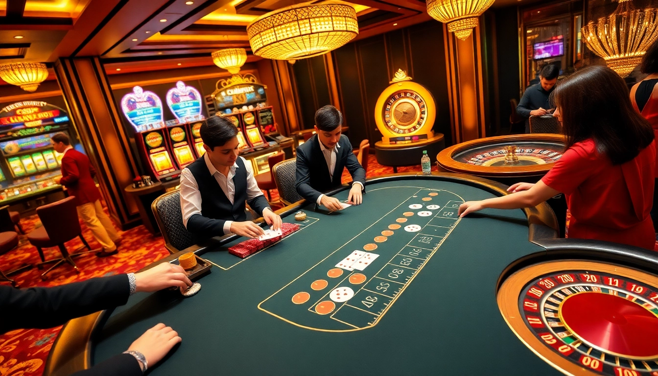 Scène excitante au meilleur casino avec une table de blackjack et des machines à sous vibrantes, parfait pour meilleur casino en ligne.