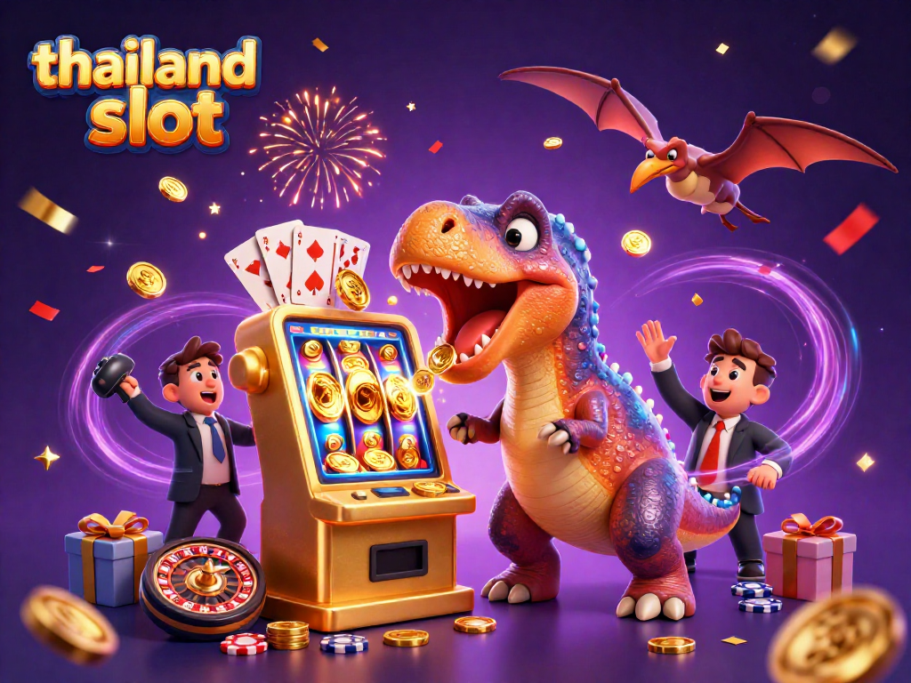 Experience the thrill of thailand slot with a dinosaur winning a jackpot and coins flying everywhere.