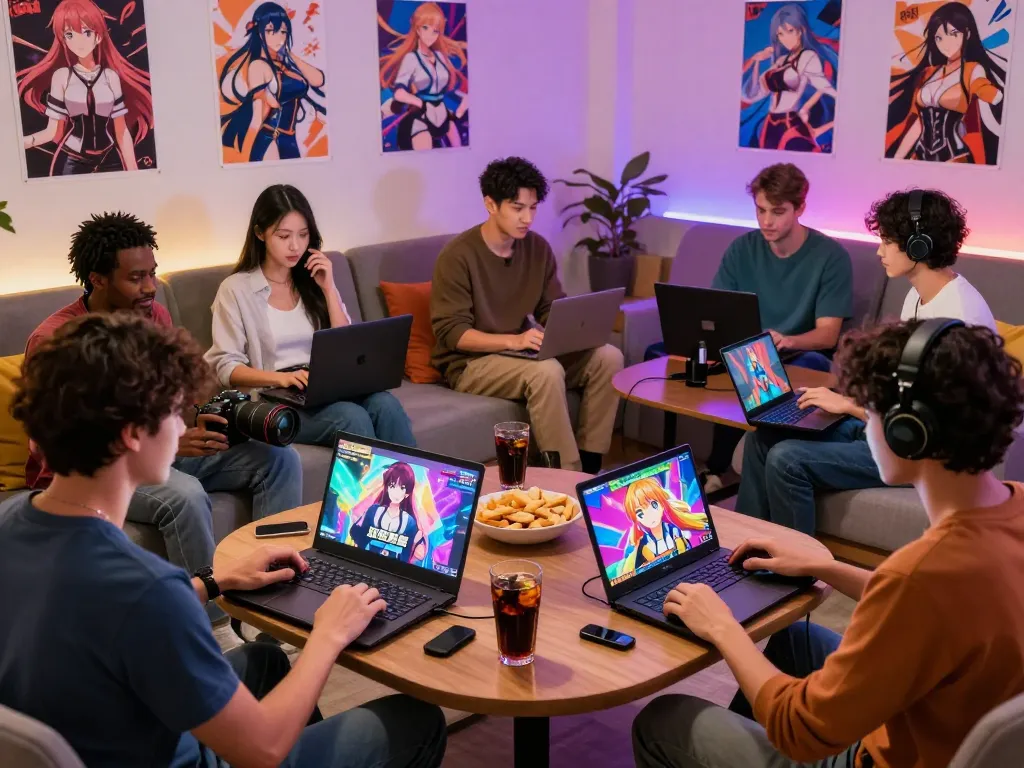 Engaged adults playing hentai games in a modern gaming lounge with interactive graphics and snacks.