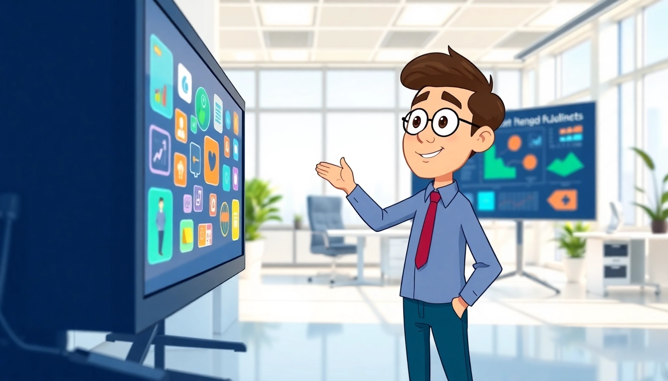 Erkläranimation mit Charakter in einem modernen Büro, das digitale Konzepte erklärt.