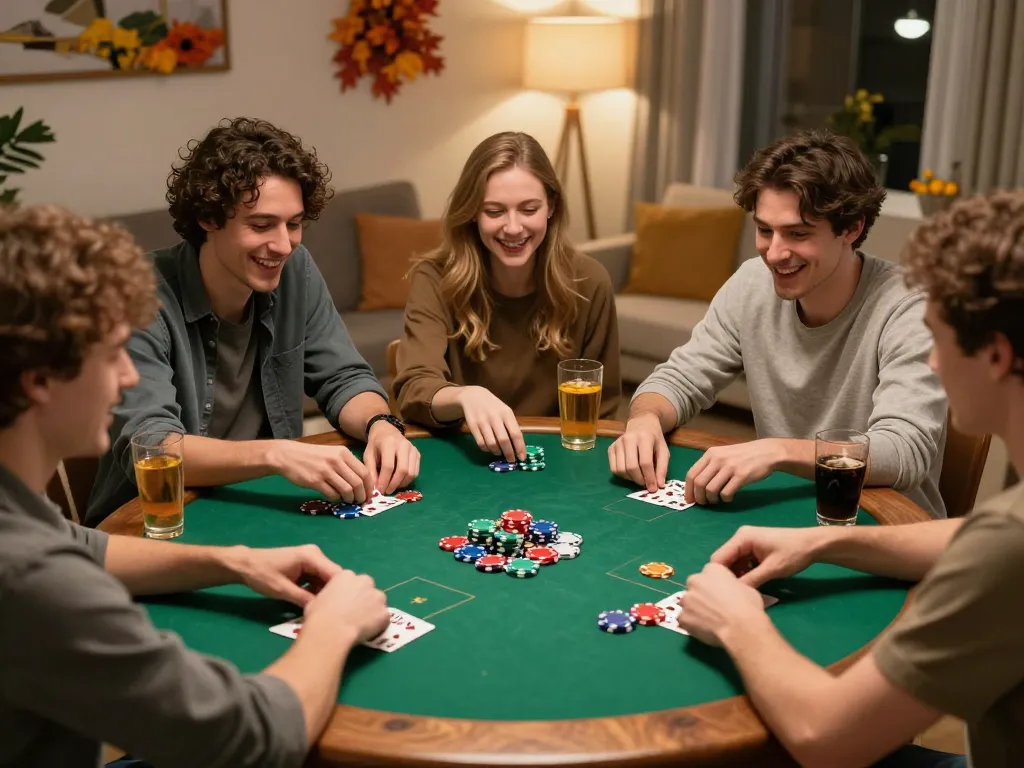 Enjoying a poker game with friends at home, showcasing สล็อตวอเลท fun and excitement in casual gambling.