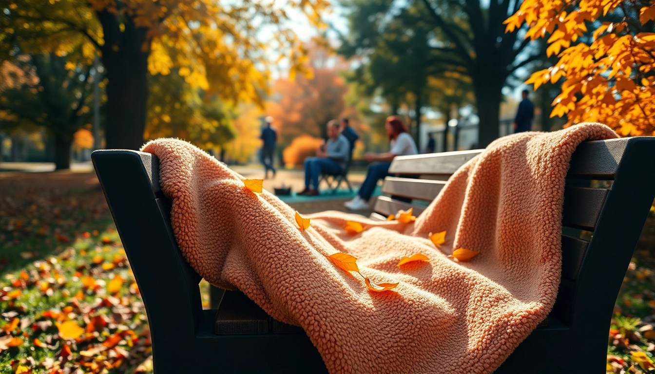 Fleece blanket placed on a bench, surrounded by autumn leaves, inviting warmth and comfort.