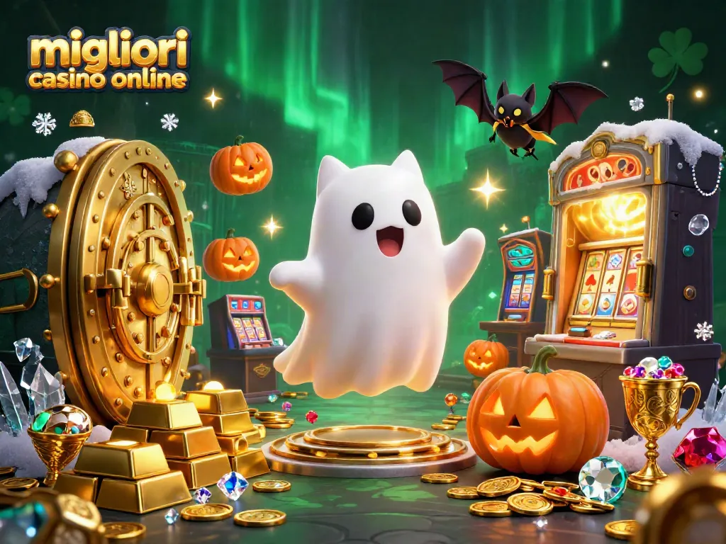 Gioca nei migliori casino online; un divertente gatto fantasma fluttua in un casinò incantato con tesori