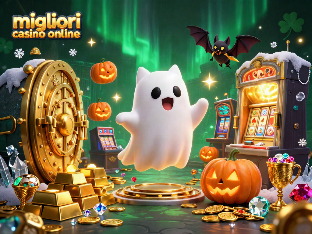 Gioca nei migliori casino online; un divertente gatto fantasma fluttua in un casinò incantato con tesori