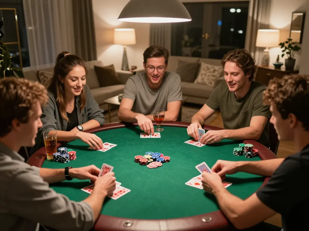 Friends enjoy a friendly poker night at home, showcasing strategic gameplay and fun in a dynamic setting—lista casino online stranieri atmosphere.