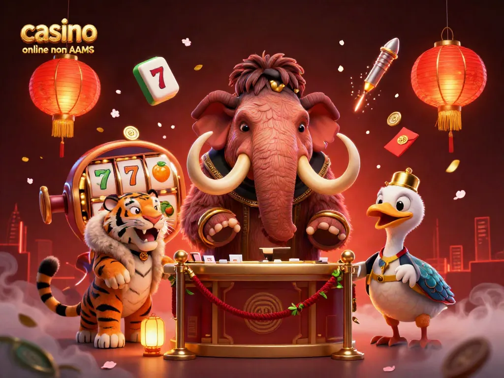 Spettacolare scena da casinò online non AAMS con bouncer mammut, cliente VIP, e doorman, circondati da slot e simboli fortunati.