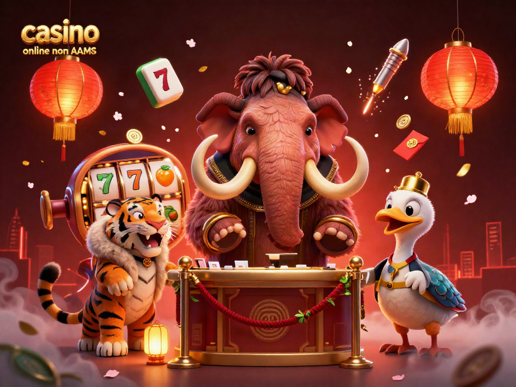Spettacolare scena da casinò online non AAMS con bouncer mammut, cliente VIP, e doorman, circondati da slot e simboli fortunati.
