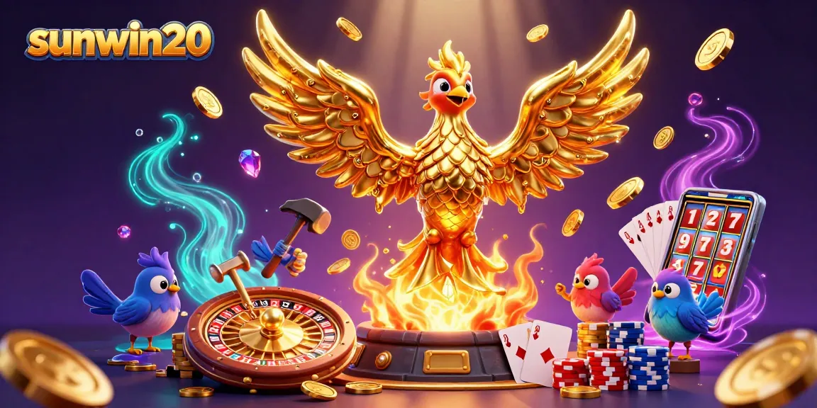 Spin the reels with excitement at Sunwin20, featuring a golden phoenix amidst casino treasures.