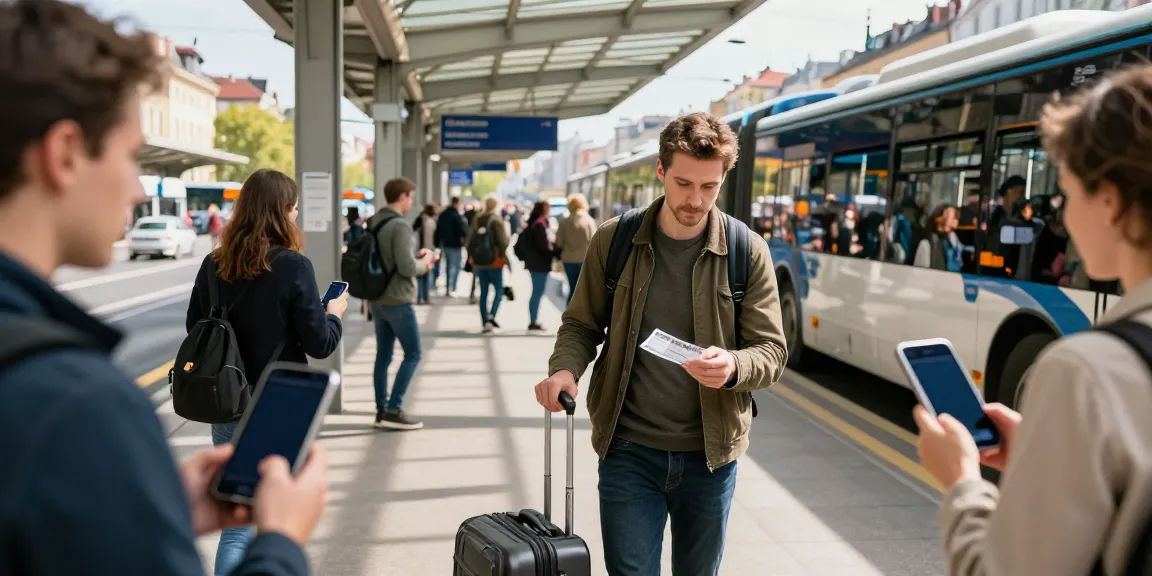 Transport Moldova Belgia: Călător așteptând la stația de autobuz, cu bagaje, în atmosferă vibrantă.