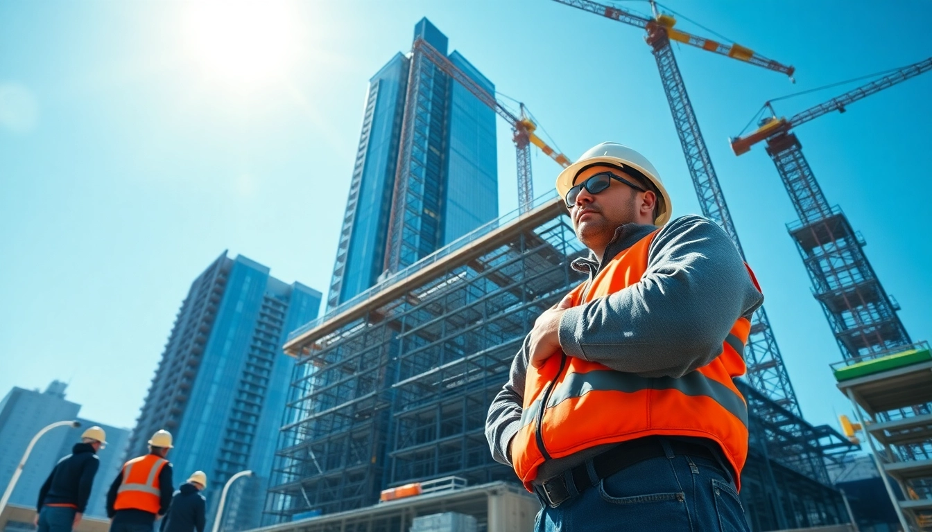 New York Commercial General Contractor supervising construction with a dynamic city backdrop.