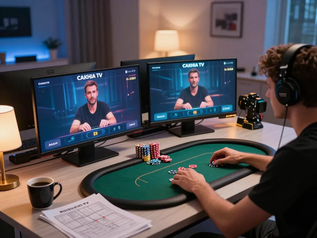 Cakhia TV poker action in a cozy home setup with a player focused on online gambling strategy.