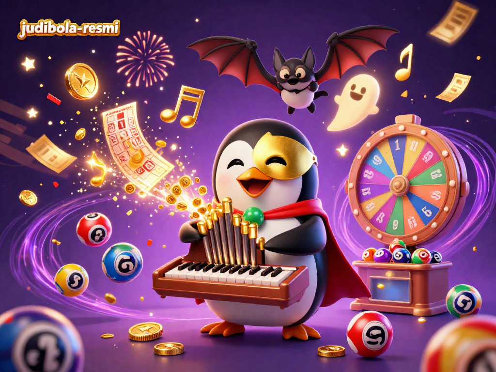 Experience thrilling gaming action with judibola-resmi featuring a cartoon penguin amidst gold coins and lottery elements.