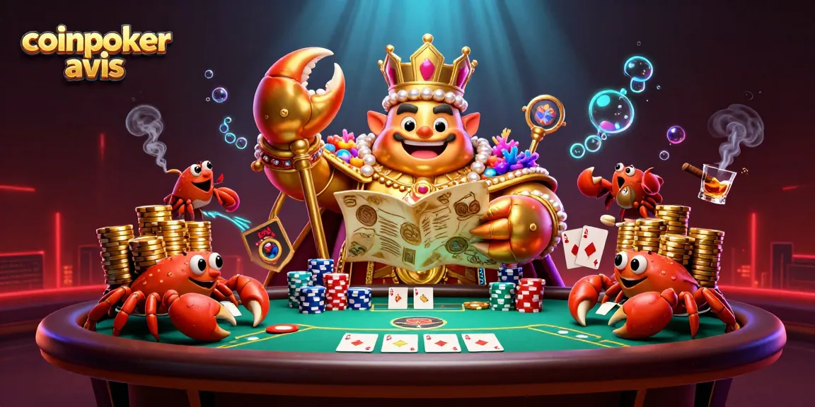 CoinPoker avis : Découvrez le roi du poker avec un crabe empereur et des jetons d'or.