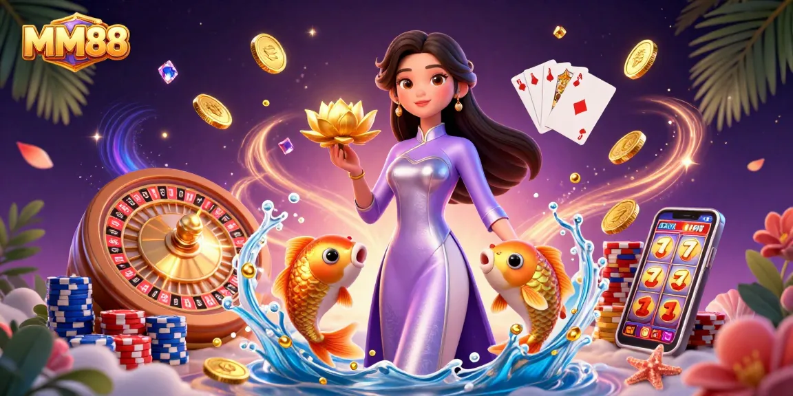 Experience excitement at MM88 with vibrant 3D casino elements, including golden koi fish and cascading coins.