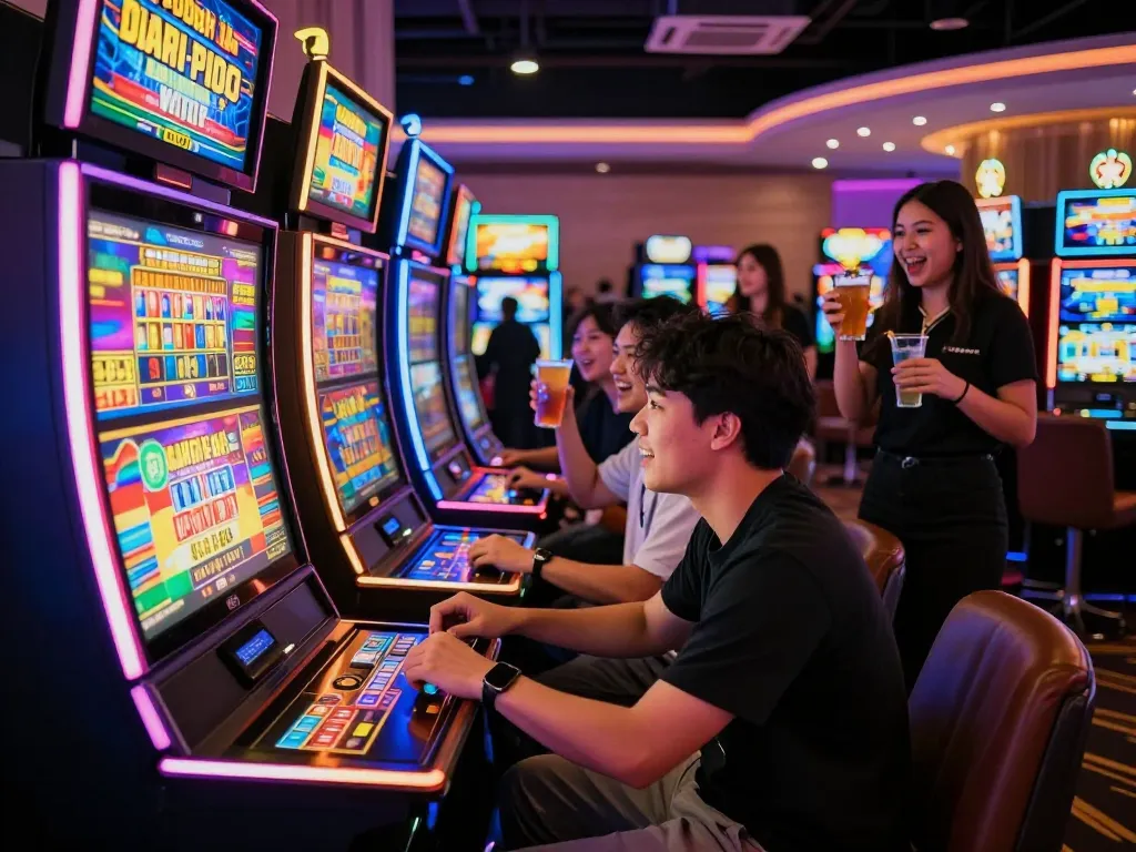 Engaging moment at a slot gacor hari ini session in a lively casino with vibrant lights and cheers.