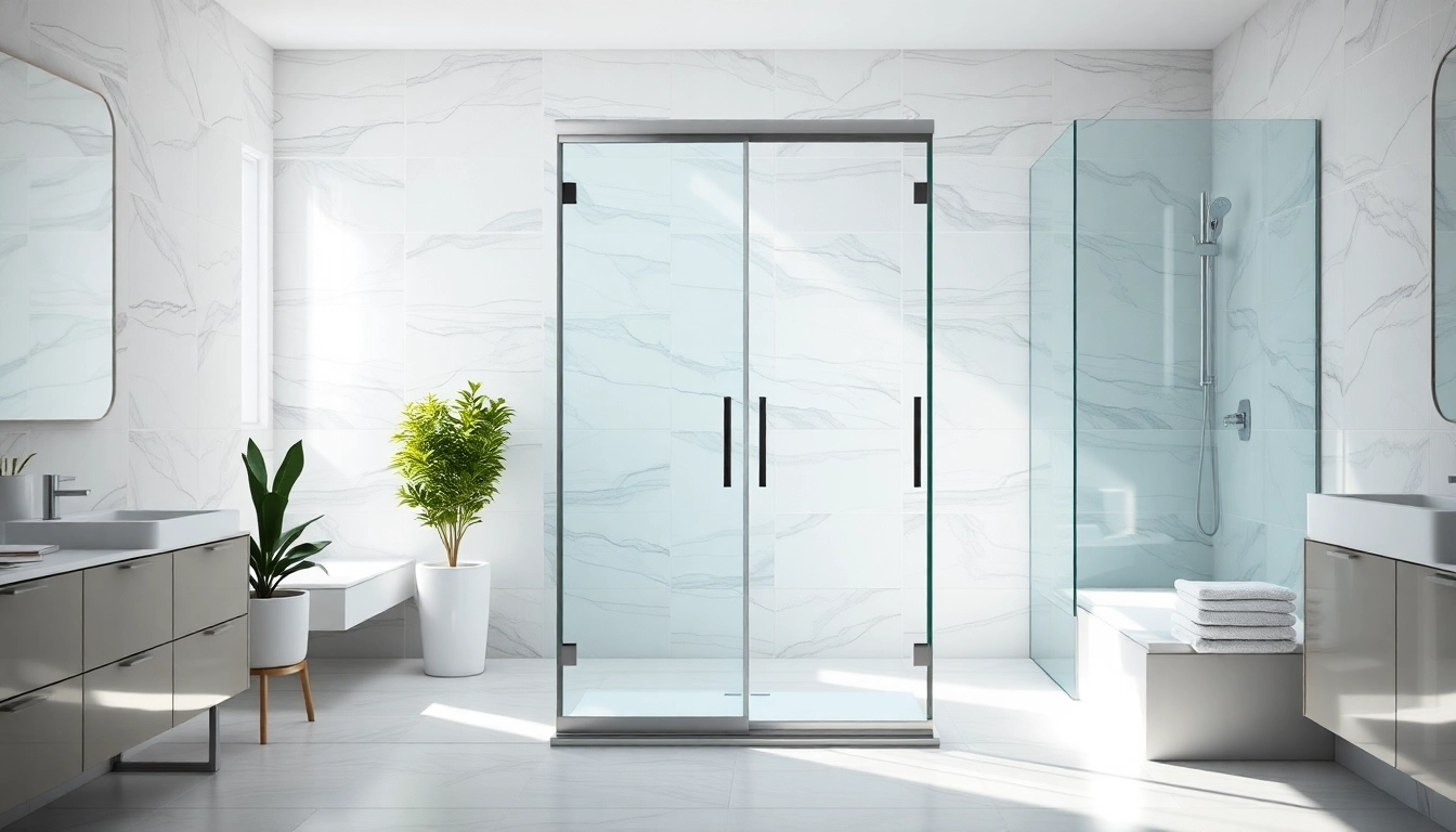 Elegant shower sliding doors in a vibrant, modern bathroom setting, showcasing sleek design.