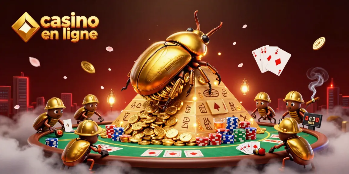 Découvrez les joyaux du casino en ligne avec des coccinelles dorées et des jetons multicolores.