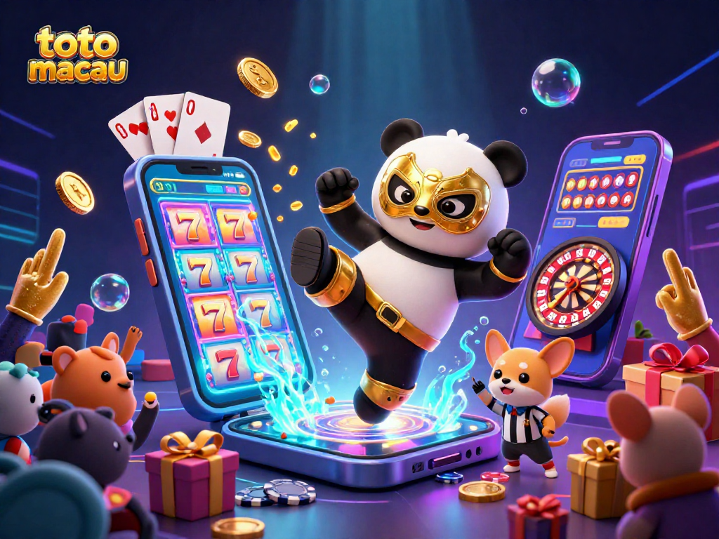 Experience the excitement of toto macau with a vibrant 3D illustration featuring a wrestler panda and engaging slot elements.