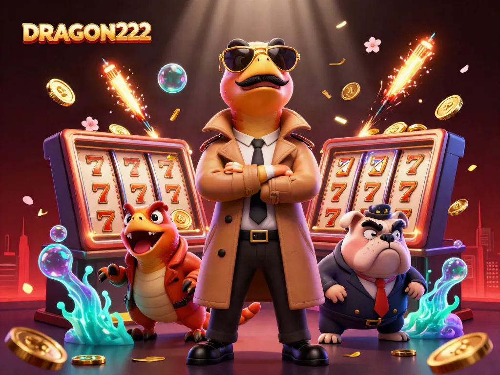 Watch the raptors hilariously disguise themselves to enter the DRAGON222 VIP casino lounge amidst vibrant gaming elements.