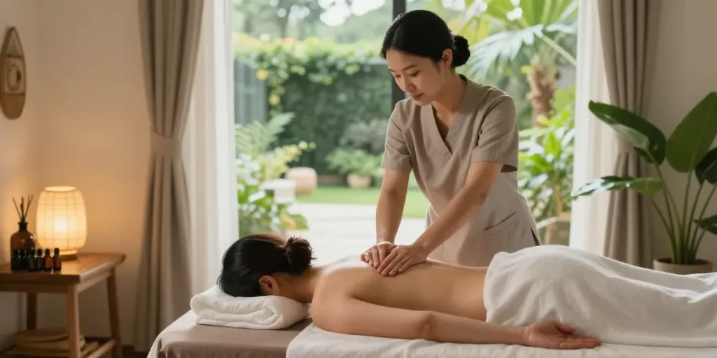 A soothing 역곡출장마사지 session in a tranquil home environment, highlighting relaxation and self-care.
