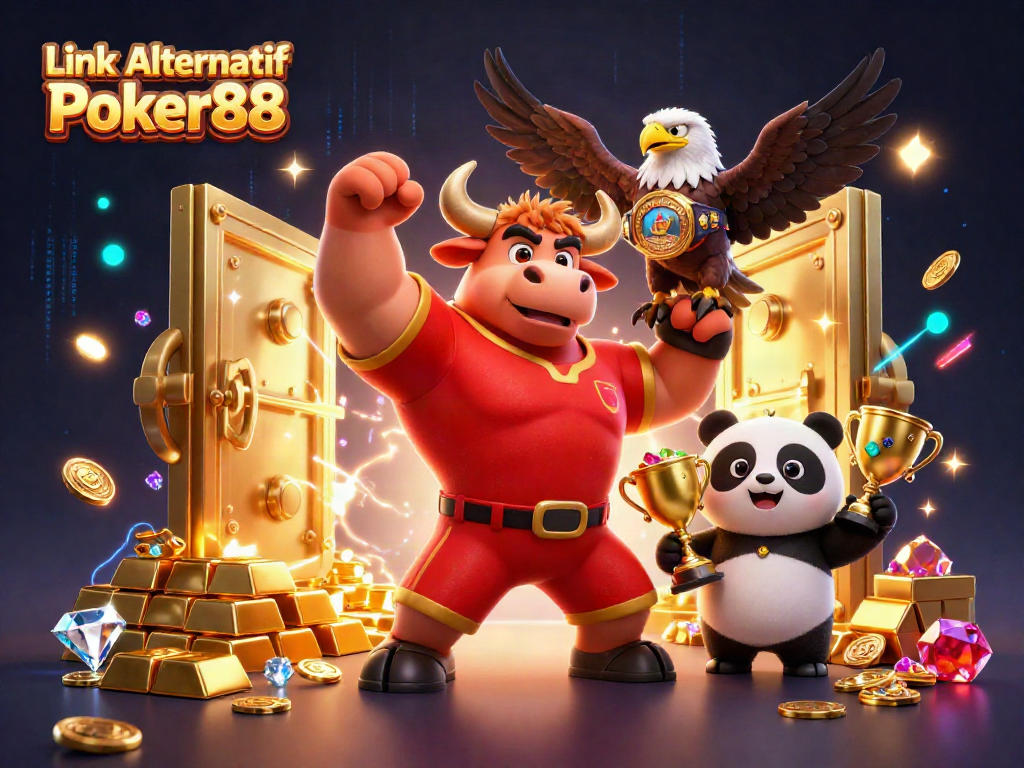 Experience the excitement with Link Alternatif Poker88 in a vibrant casino scene filled with trophies and riches.