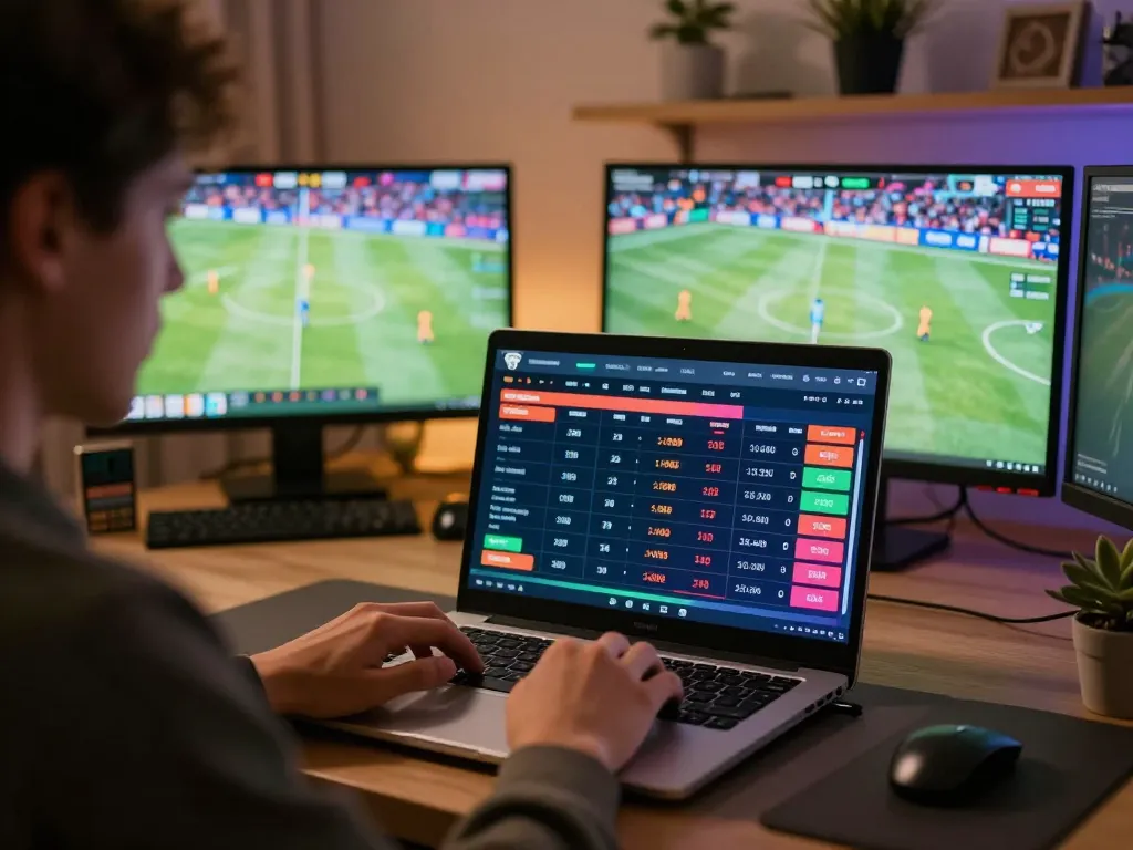 Engaged player using siti scommesse stranieri on laptop with vibrant sports betting options