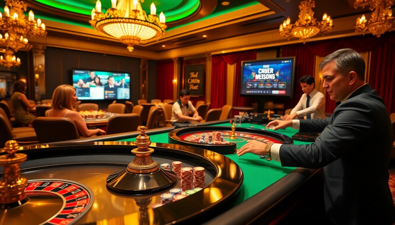 Vivez l'excitation de meilleure casino en ligne avec des joueurs à une table de roulette et des jetons de poker colorés.