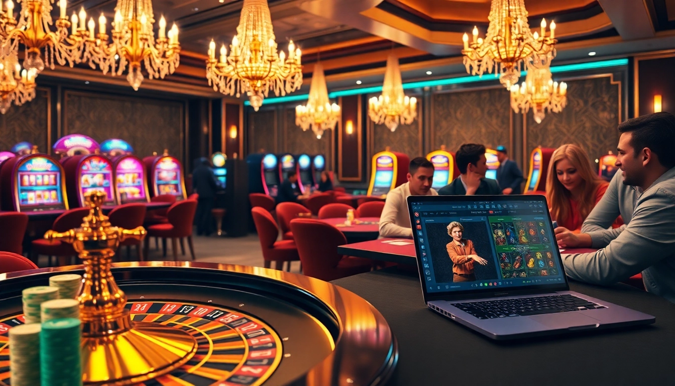 La scène vibrante d'un meilleure casino en ligne avec une table de roulette, des jetons de poker et un affichage de paris en ligne.