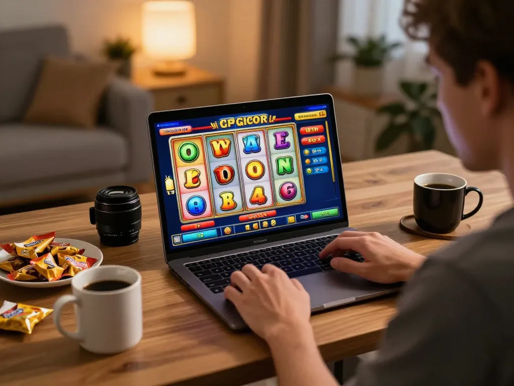 Engaging in slot gacor gameplay on a vibrant online casino, anticipating a big win.