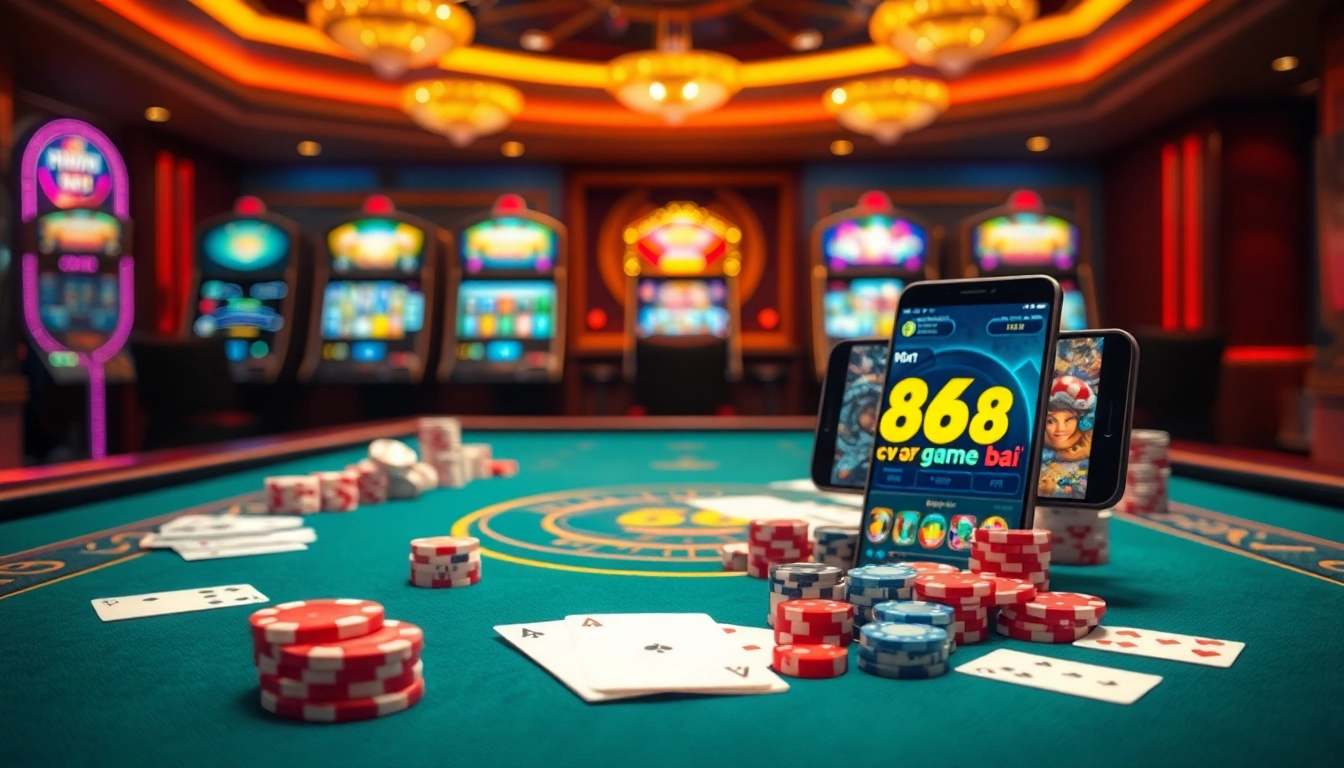 Experience the excitement of 68 game bài with casino chips and a vibrant gaming atmosphere.