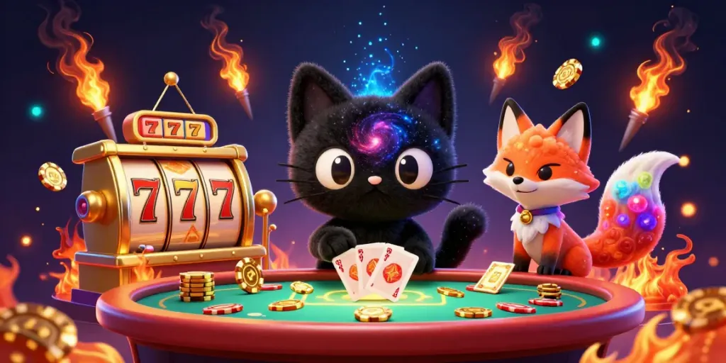 Menggandakan chip emas dan kartu dengan gaya bercahaya di dewa slot.