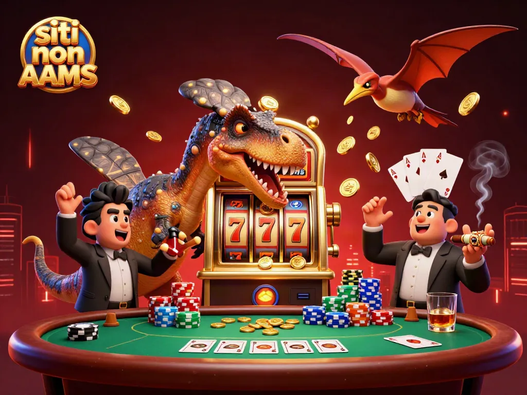 Gioca ai siti non AAMS con una slot machine d'oro che eroga monete mentre un dinosaurico gestore di casinò agita la coda.