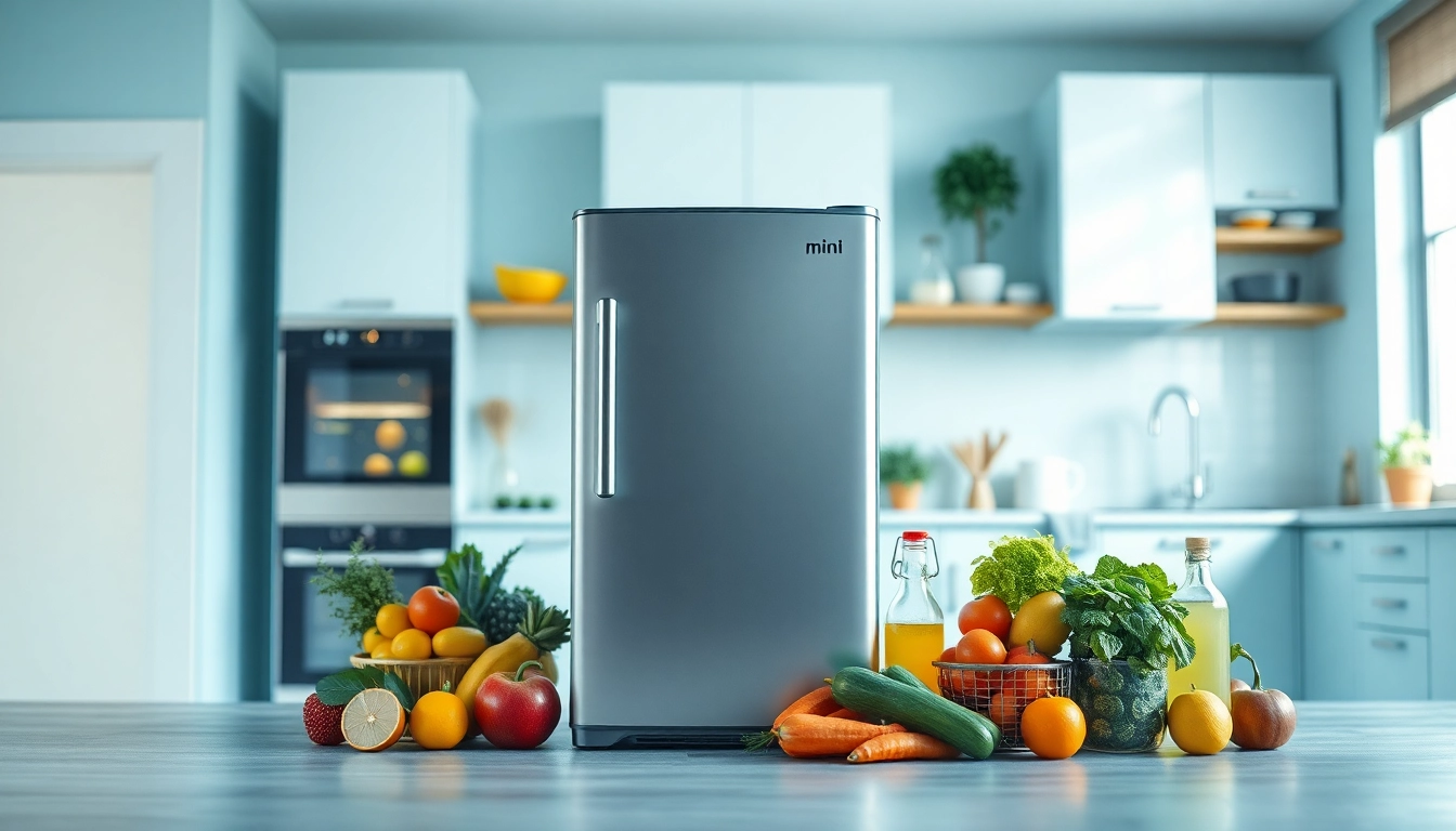 Showcasing an affordable mini fridge and freezer in a modern kitchen filled with fresh produce.