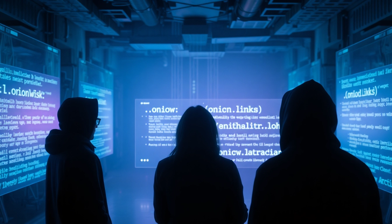 The hidden wiki dark web illustrated by a digital underground scene with shadowy figures around holographic screens, showcasing .onion links.