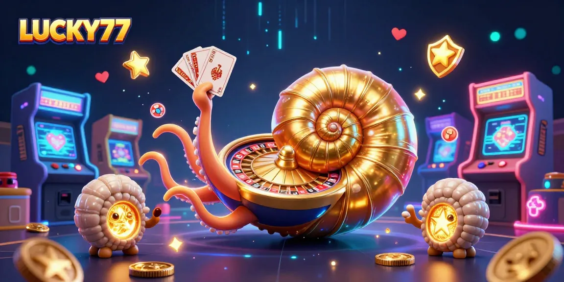 Engage in thrilling gameplay with LUCKY77's colorful casino scene featuring a giant nautilus and vibrant game elements.