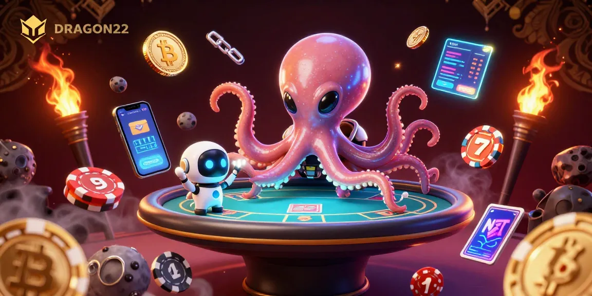 Join the action at DRAGON222 with an alien octopus and robot at a holographic poker table.