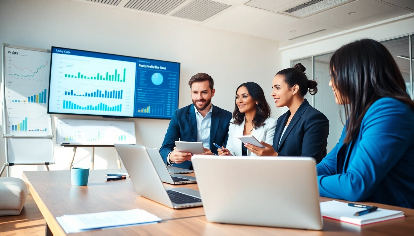 Analyze competitive intelligence for sales with a diverse team in a modern office.