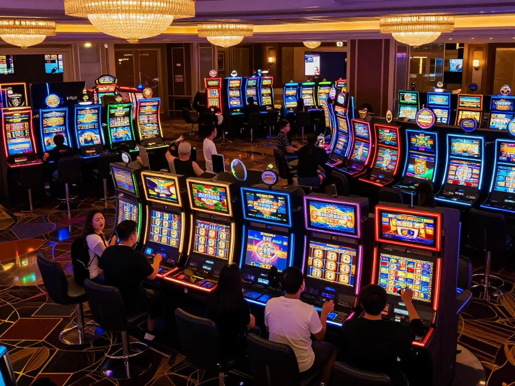 Players experiencing slot gacor pagi ini joy at colorful slot machines with vibrant action and lively atmosphere.