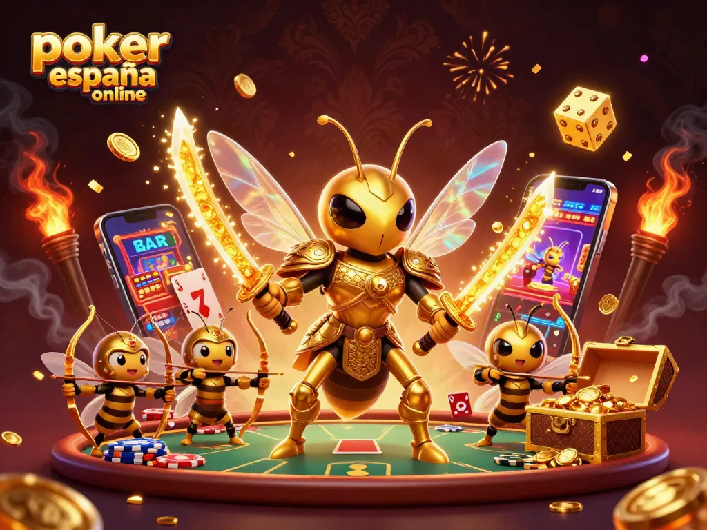 Juega póker en línea España en una emocionante escena de torneo, con personajes dinámicos y fichas de juego.