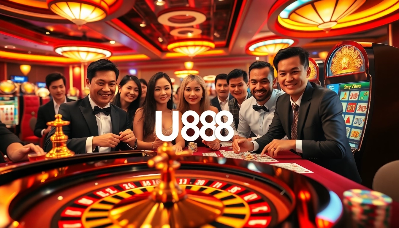 A dynamic casino environment showcasing Link U888 with players enjoying vibrant slot machines and poker.