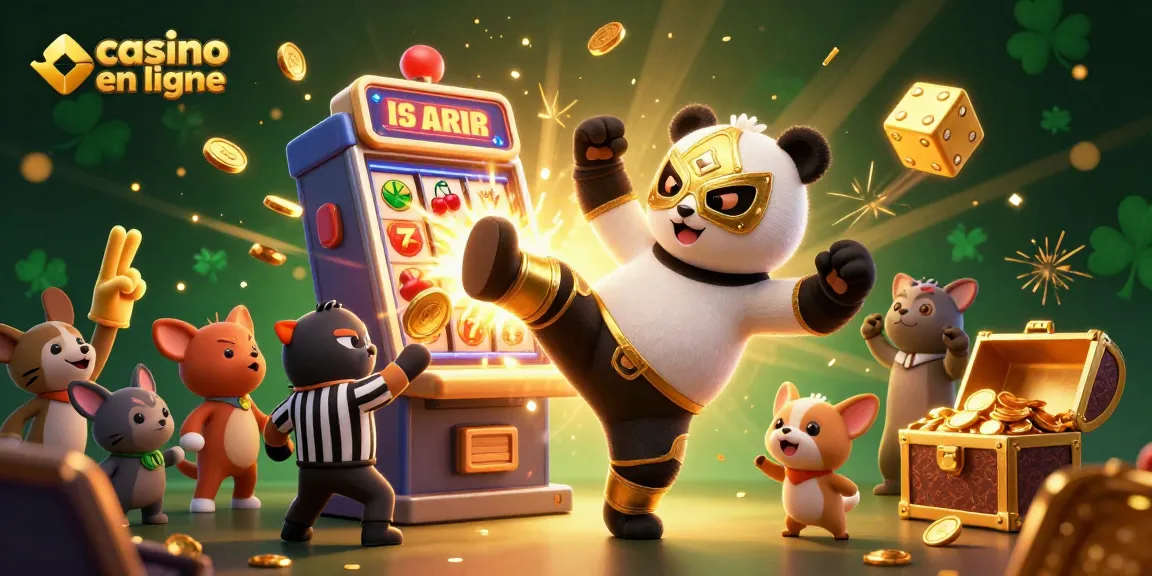 Illustration captivante de casino en ligne avec un panda lutteur en action et des éléments de jeu dynamiques.