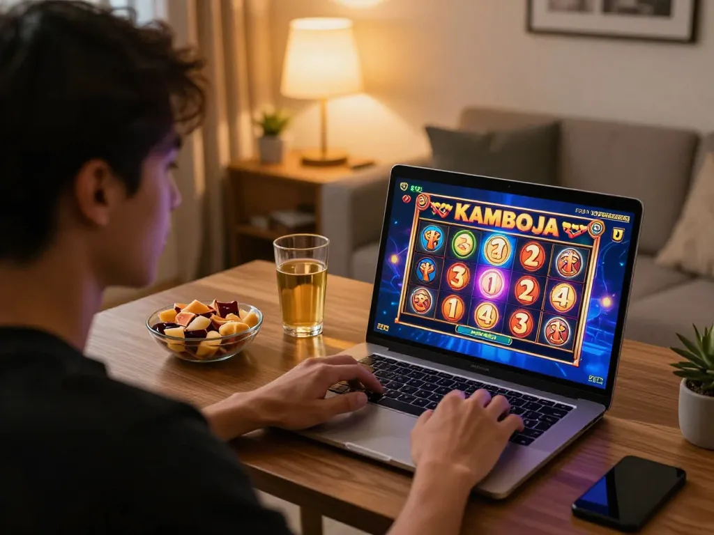 Player enjoying slot kamboja on laptop during relaxed home gaming session