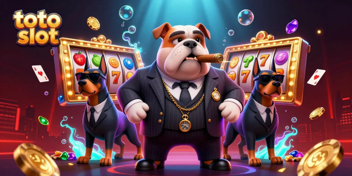 Engage in high-stakes fun with the dynamic toto slot illustration featuring a mafia-inspired bulldog and two Doberman bodyguards.