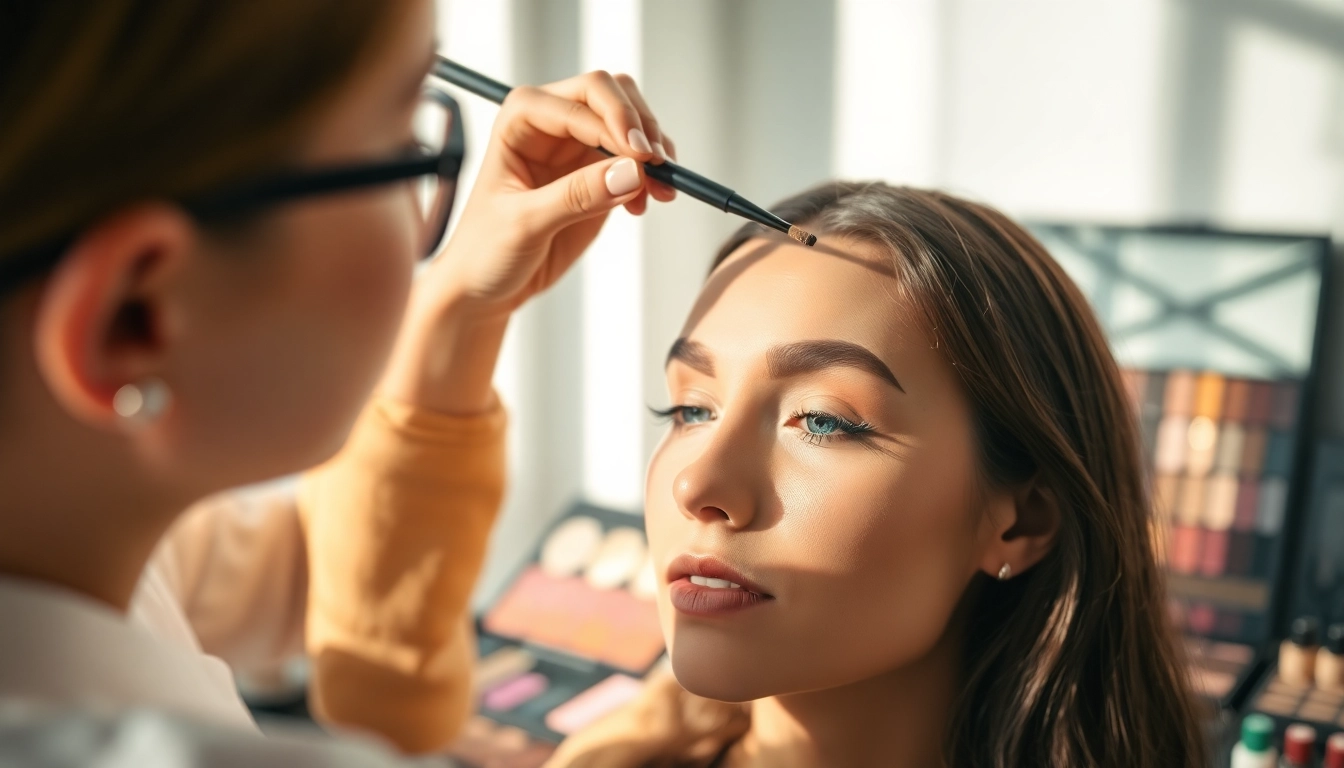 Applying skone cosmetics brow wand on model for flawless brow enhancement.