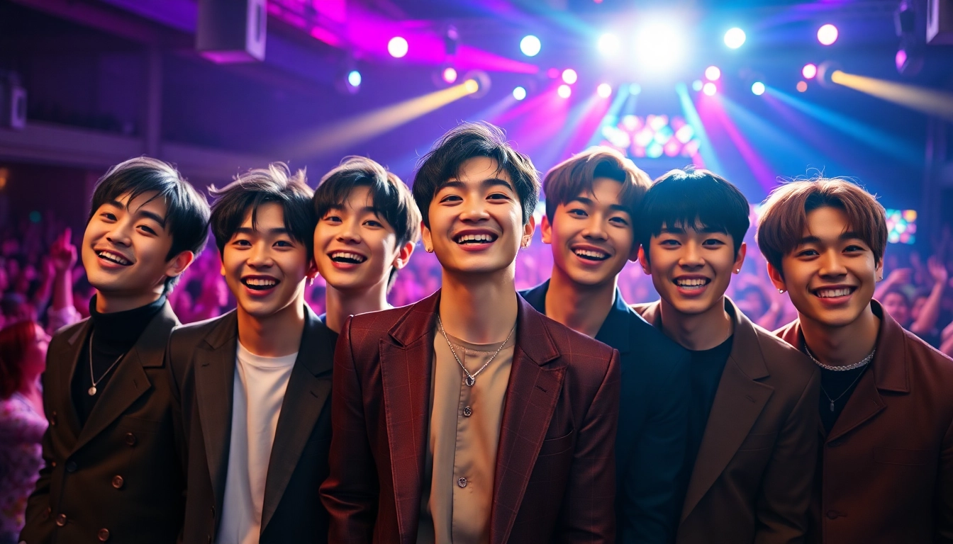 Dynamic photo capturing BTS members showing their vibrant energy and style at a concert.